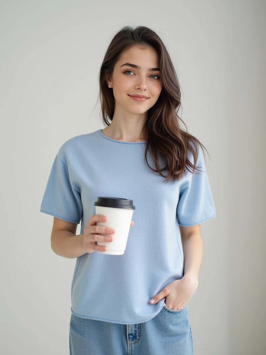 

Autumn Curled Short Sleeve Sweater Women 100% Wool Seamless Round Neck Loose Casual Basic Knitted Tops