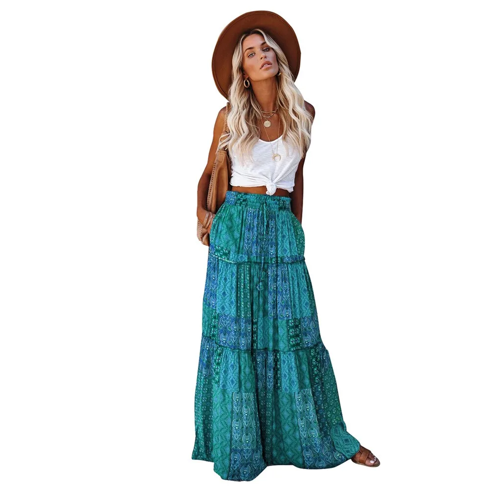 2024 Fitshinling Bohemian Vintage Skirt Women Dance Wear Ruffles A Line Maxi Skirts Female Bottoms Print Floral Beach