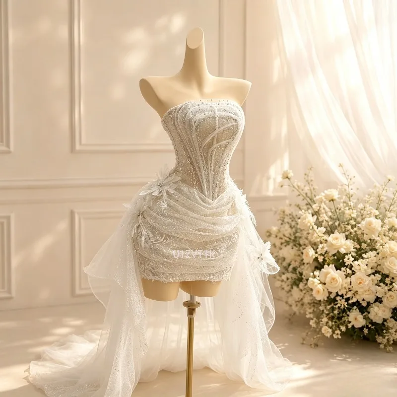 Luxury Hand Beaded Strapless Corset Mini Bridal Gown Ivory 3D Floral High Low Tulle Train Wedding Dress For Birthday Photoshoot