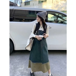 Women Retro Strap Denim Dress Irregular Contrasting Color Patchwork Medium Sleeveless Long Jeans Skirt Summer