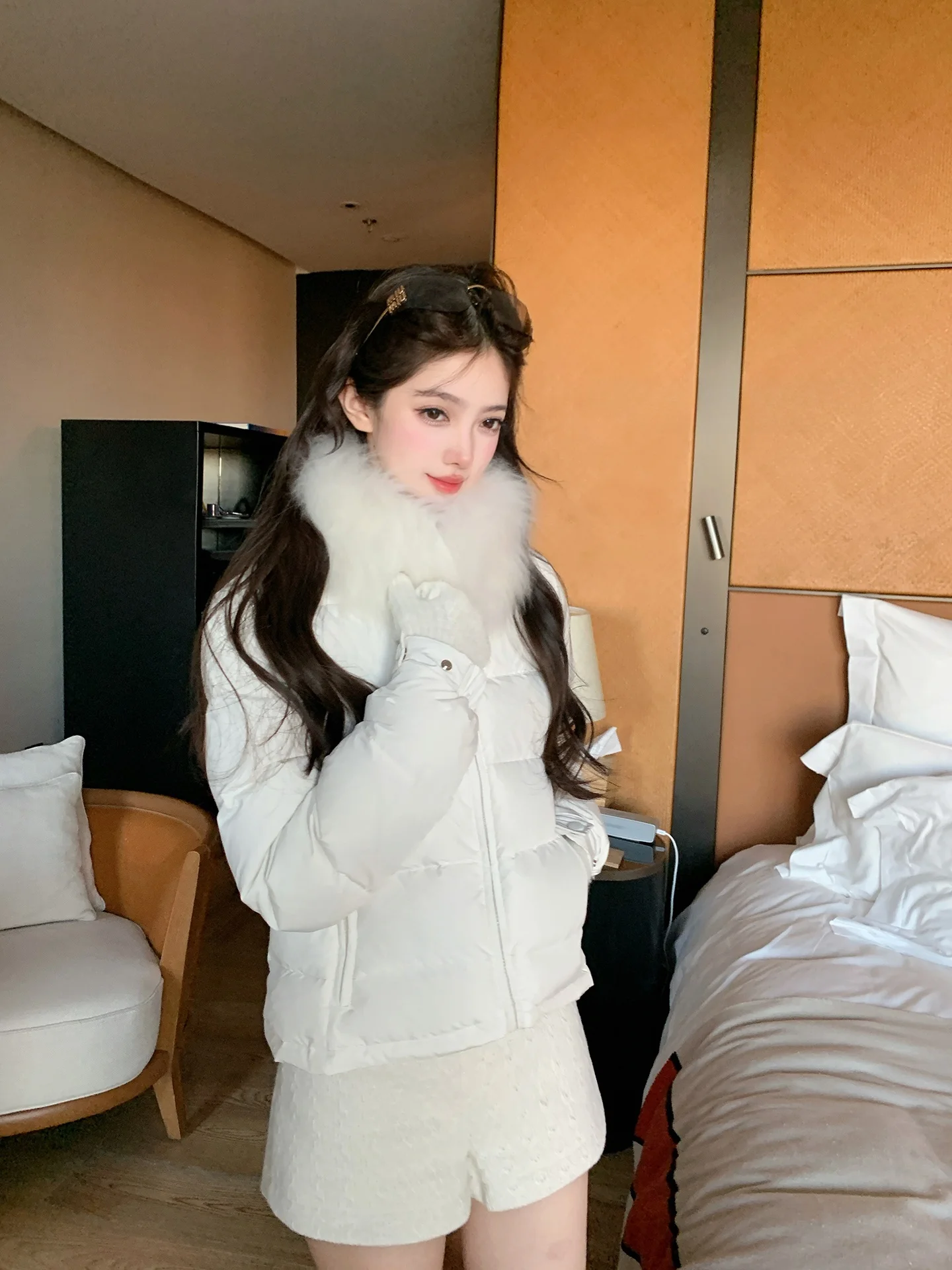 

ChuChu Women's Stand Collar Waist-Cinching down Jaet Korean Sle Commute Warm Thiened Long Sve Zipper Pure Color