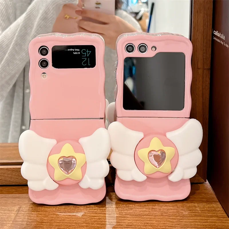 

Pink Cute Wing Bracket Phone Case for Samsung Galaxy Z Flip 5 4 3 Back Cover for ZFlip3 ZFlip4 ZFlip5 Hard Case Protective Shell