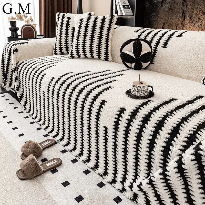 

Luxury Thickened Plush Sofa Towel for Living Room Autumn Winter Universal Couch Cover Geometric Stripes Full Cover Sofa Towel