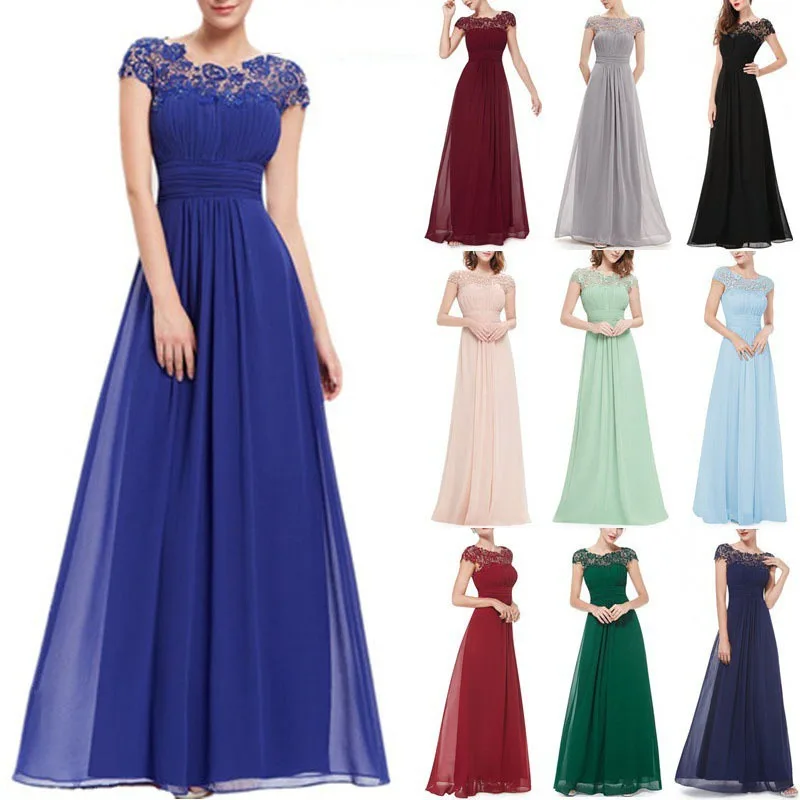 Women\'s Elegant Evening Gowns Cap Sleeve Ruched Lace Round Neck Chiffon Formal Bridesmaid Dress  for Summer