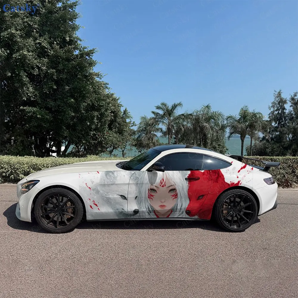 

2pc Totem Kitsune White Wolf Might, Durable, Fade-resistant, Enhance Vehicle Aesthetics With Bold Artistic Design Car Vinyl Wrap