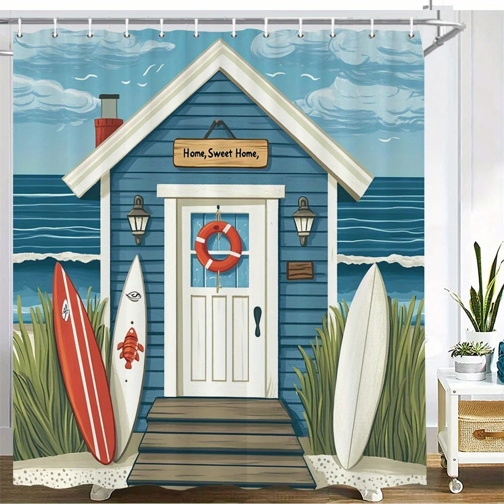 Summer Coastal Style Beach House Surfing Board Ocean Waves Seaside Illustration Bath curtain Comfortable Warm Throw Blanket