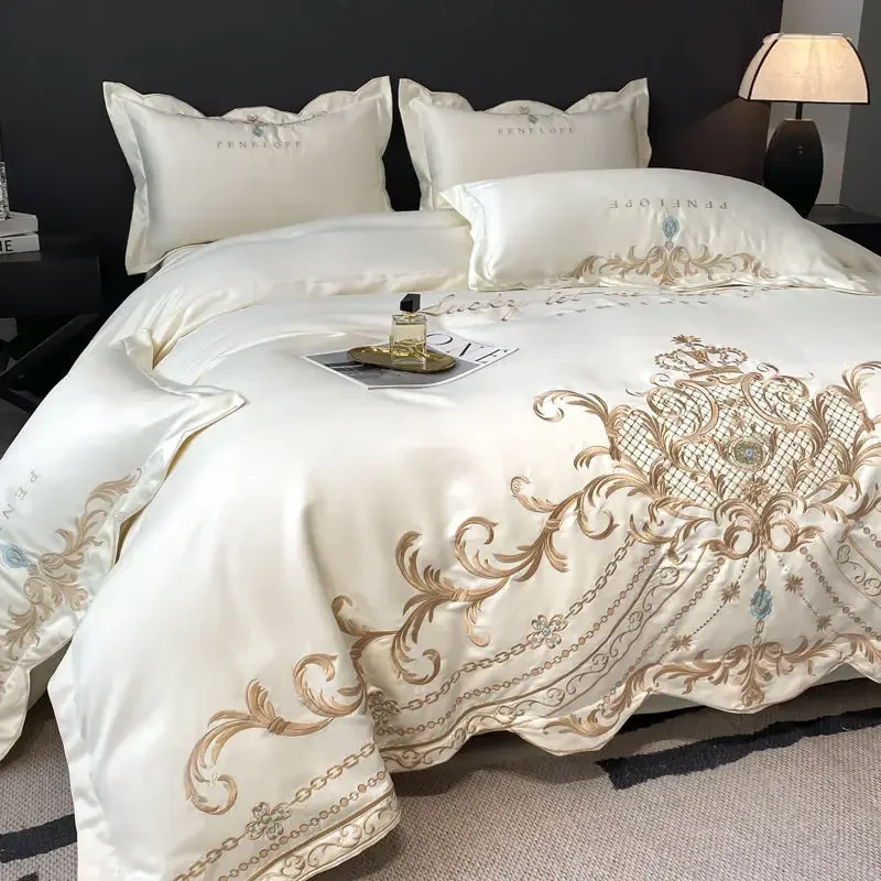 European Style Bedding Set Luxury Gold Royal Embroidery Washed Satin Duvet Cover High Density Cotton Bed Sheets and Pillowcases