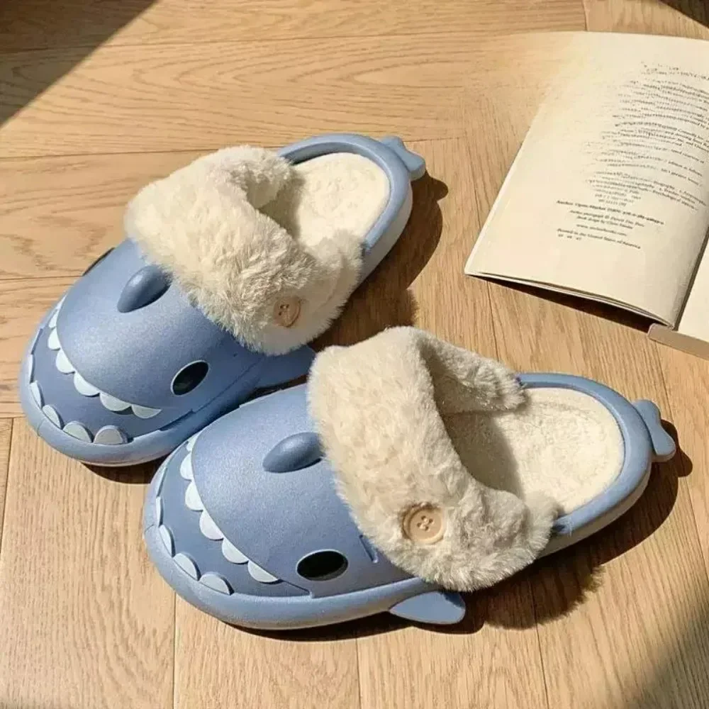 Winter Women Shark Slippers Couple Removable Liner Indoor Cute Warm  Slides Men Indoor Cotton Shoes Plush Cotton Flip Flops