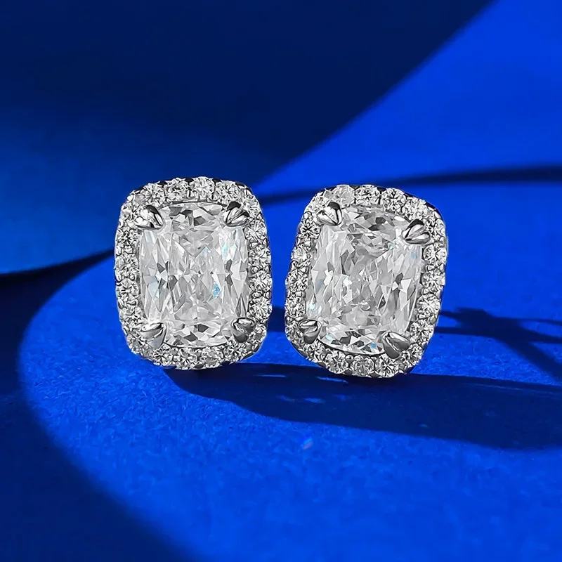 Karachi S925 Silver 2 Carat Earrings Pillow Cut Imitation Diamond Fashion Style Everyday Versatile Earrings Jewelry