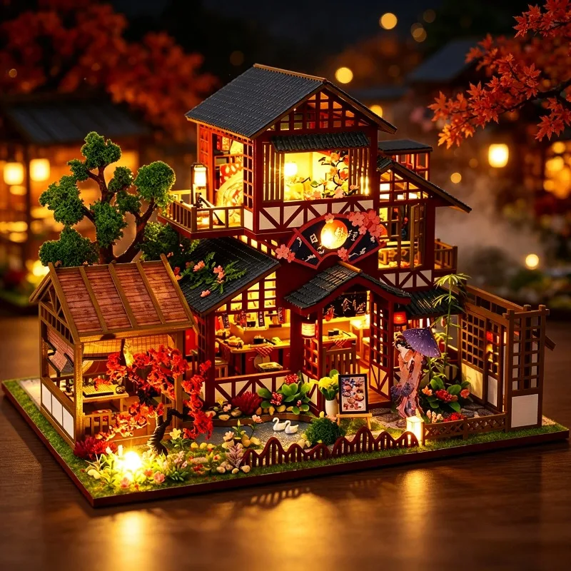 DIY Wooden Japanese Zen style Courtyard Cottage Miniature Dollhouse 3D Puzzle Assembly Model Kits for Adults Gifts Home Decor