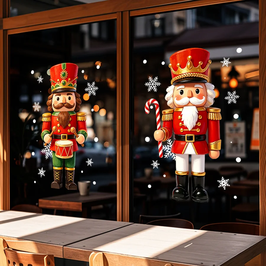 2 Bögen 45×60cm große statisch haftende Weihnachts-Nussknacker-Soldaten-Fensteraufkleber, Weihnachts-Glastüraufkleber im Schneeflocken-Stil, wiederverwendbare, klebstofffreie Feiertagsdekorationen