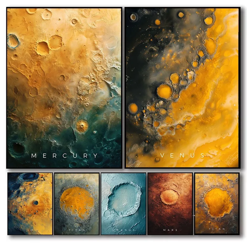 Affiche sur toile sur le thème de l'espace : Mars, Lune, Cratères d'impact lunaire, plaines volcaniques de Vénus, surface planétaire, décoration intérieure G