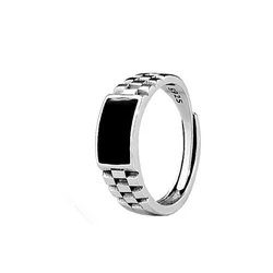 Anillo rectangular de cristal negro para hombre, accesorios de dedo de boda, anillo cuadrado clásico de plata 925, joyería ajustable
