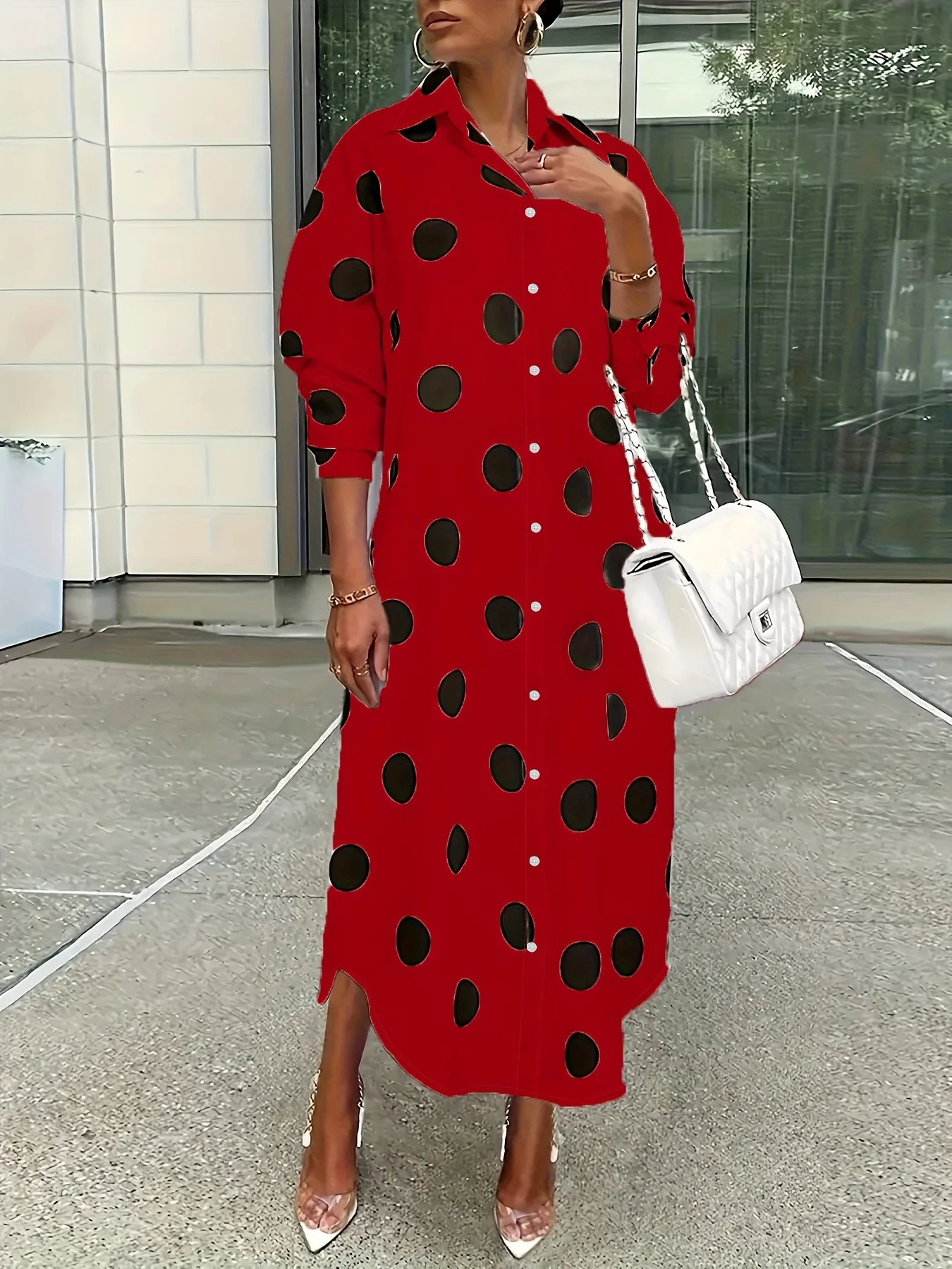 plus size shirt dress, polka dot midi dress, long sleeve button down dress, loose casual dress, women plus size vacation dress