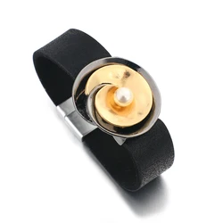 ALLYES Two Tone Pearl Spiral Flower Black Leather Bracelet for Women Simple Charm Wide Wrap Bracelets & Bangles Jewelry Gifts