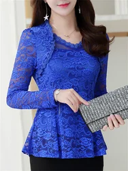 M-4XL  Women clothing Elegant ruffles Lace Tops Fashion Floral Casual shirt Sexy Ladies Long sleeve lace blouse