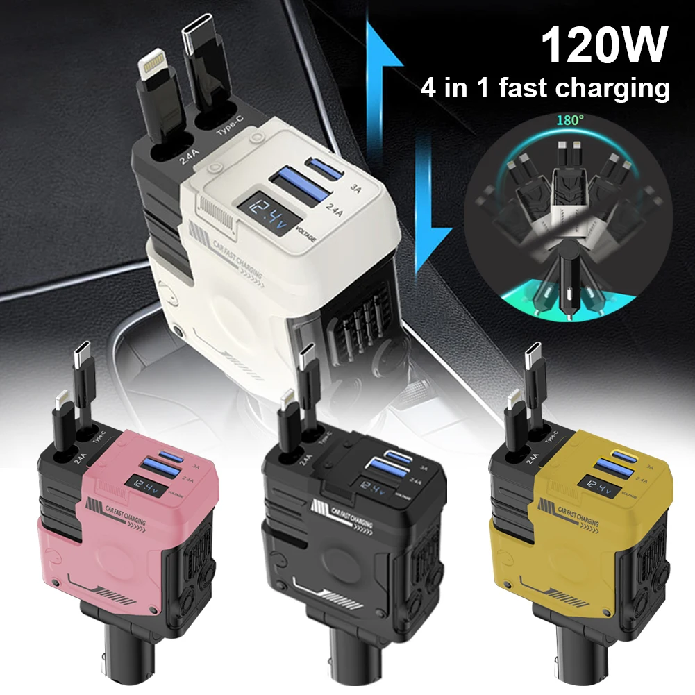 

12V-24V Retractable Car Quick Charger 4 in 1 120W Fast Charging Adapter Mobile Phone Quick Charger Auto Electronics Accessories