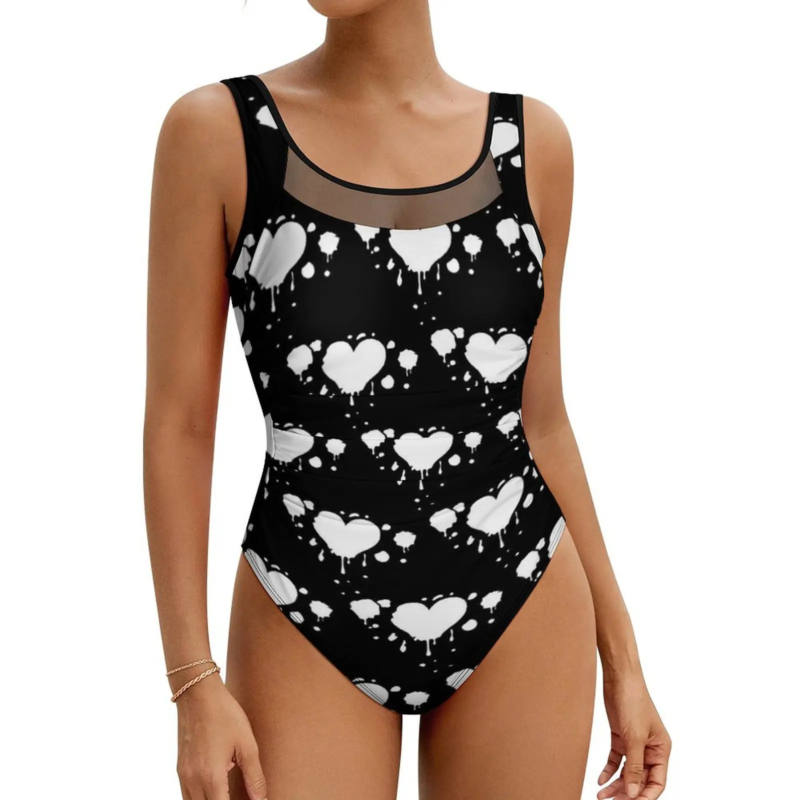 Queen of The Gothic Swimsuit Sexy White Hearts One Piece Swimwear Push Up Bodysuit Trend Holiday Surf Bathing Suits