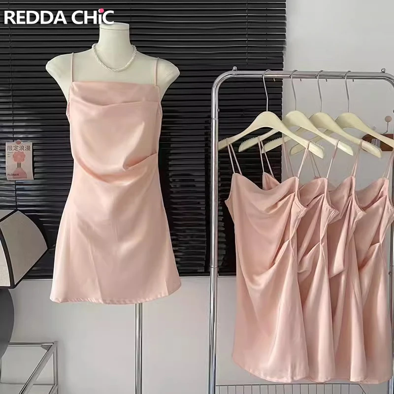 

ReddaChic Glossy Pink Satin Mini Dress Women Casual Plain Draped Ruched Cami Dress Summer Event Party Formal Desire One-piece