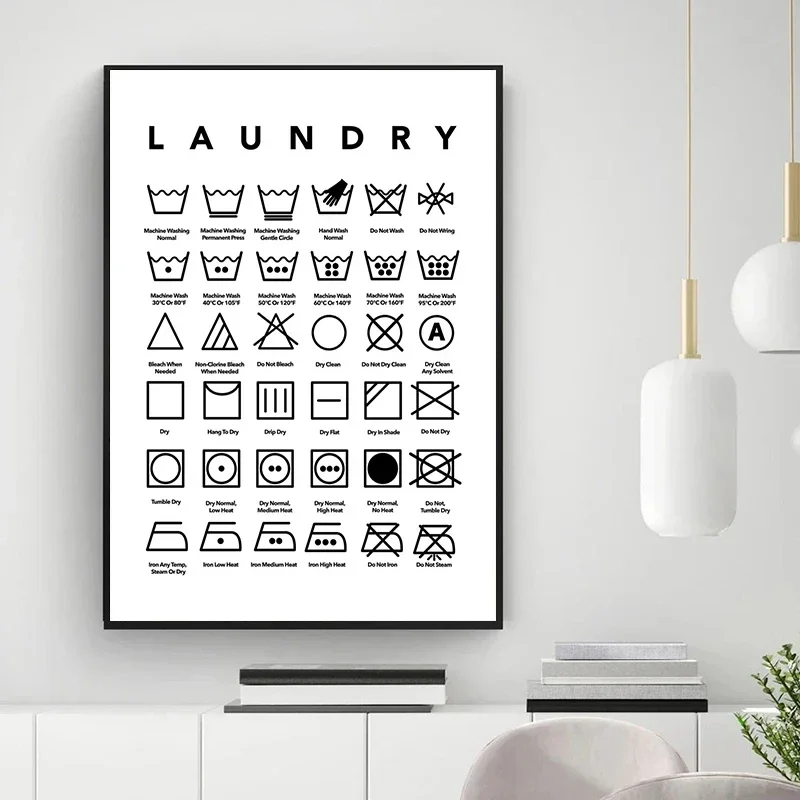 Black And White Laundry Instructions Washing Care Poster Print Canvas Painting Nordic Wall Art For Laundry Room Home Decor