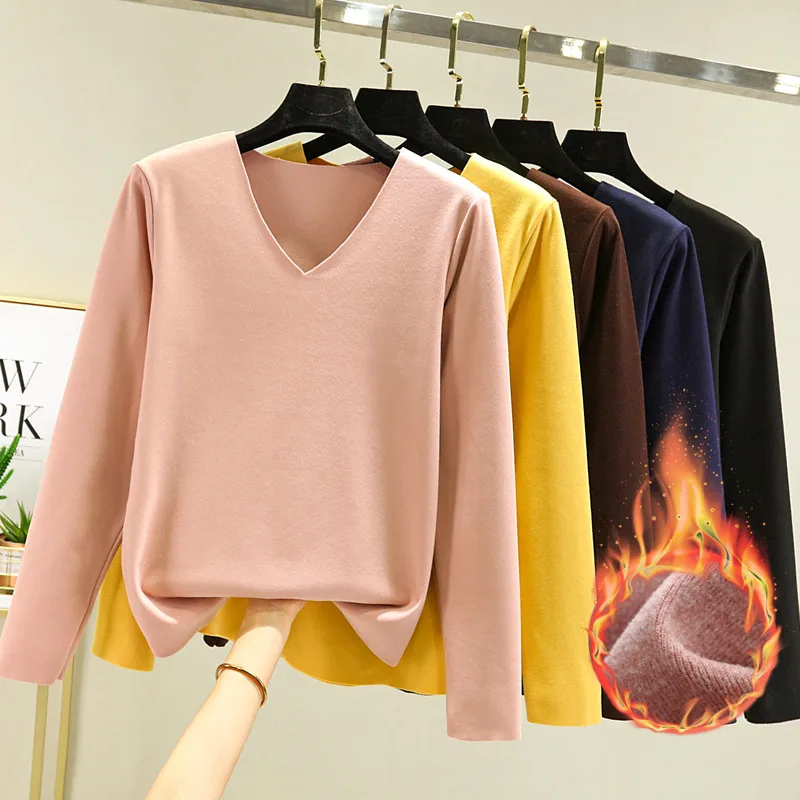Women's V-neck Base Shirt Thickened Long Sleeve Fleece Lined Warm T-shirt Large Size Inner Wear Close-Fitting Korean Style