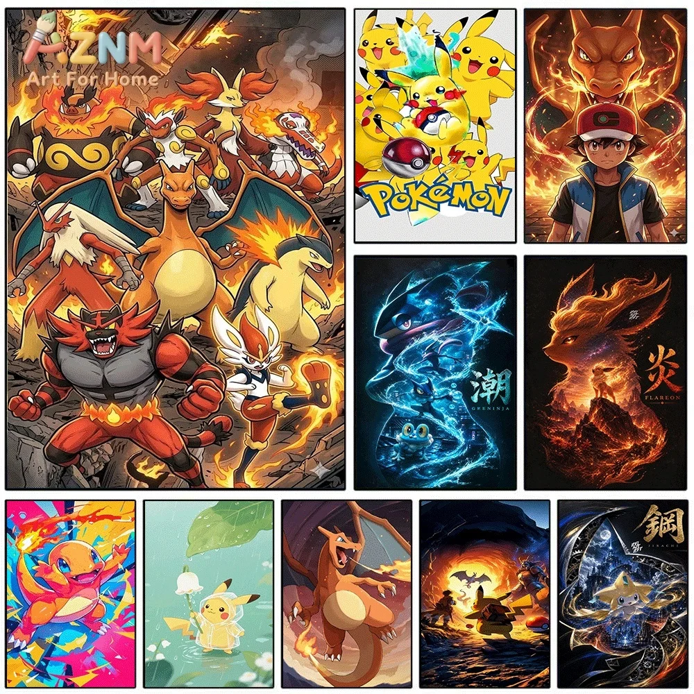 Anime Pokemon Fire‑type Pokemons Battle Scene Canvas Wall Art, Hot Cartoon Character Frameless Canvas Painting for Kids Bedroo