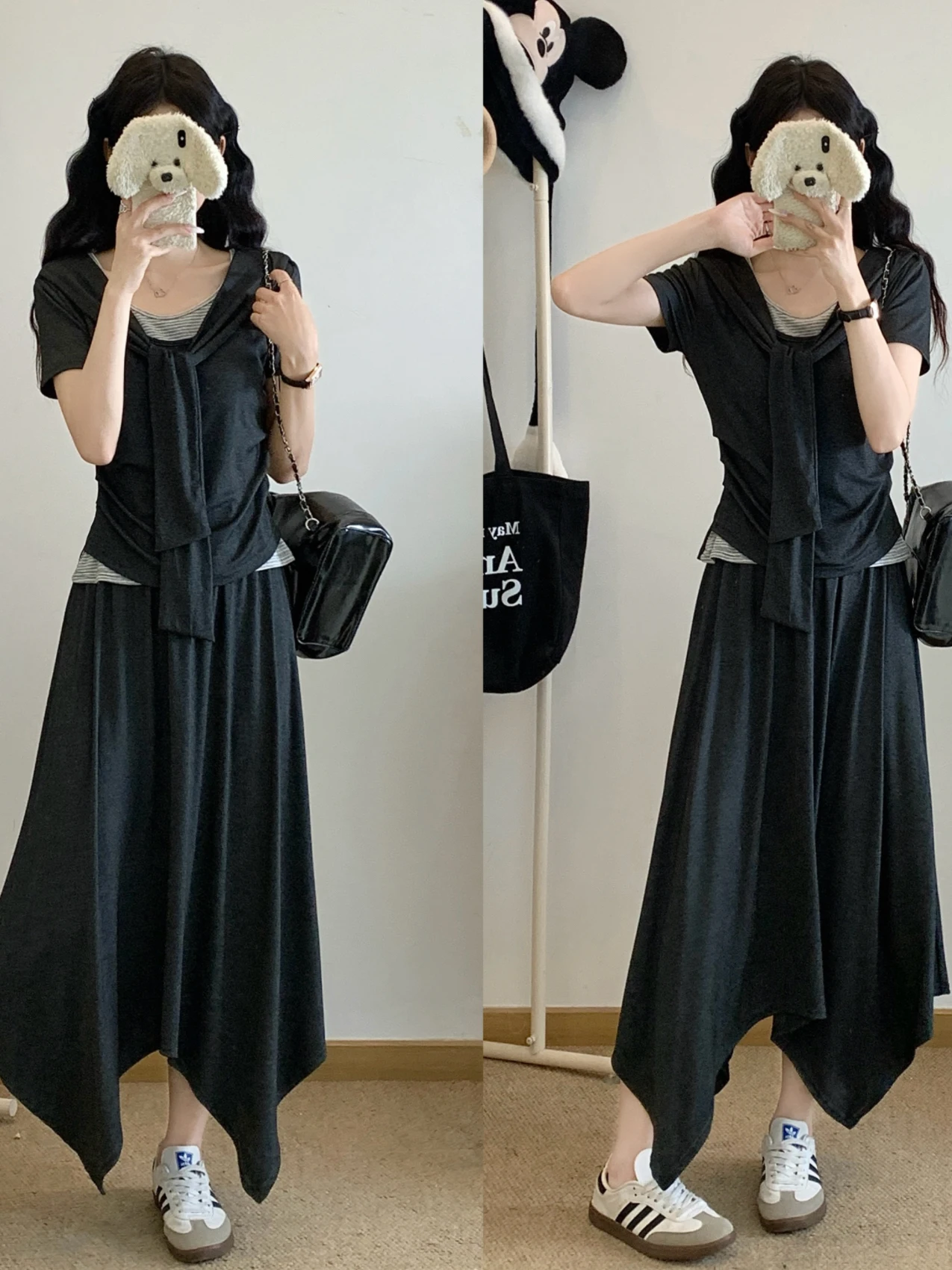 

Elegant plus Size Summer Outfit Women's High Waist Short Sleeve T-Shirt And Half Skirt Two-Piece Set Slimming Splice Design