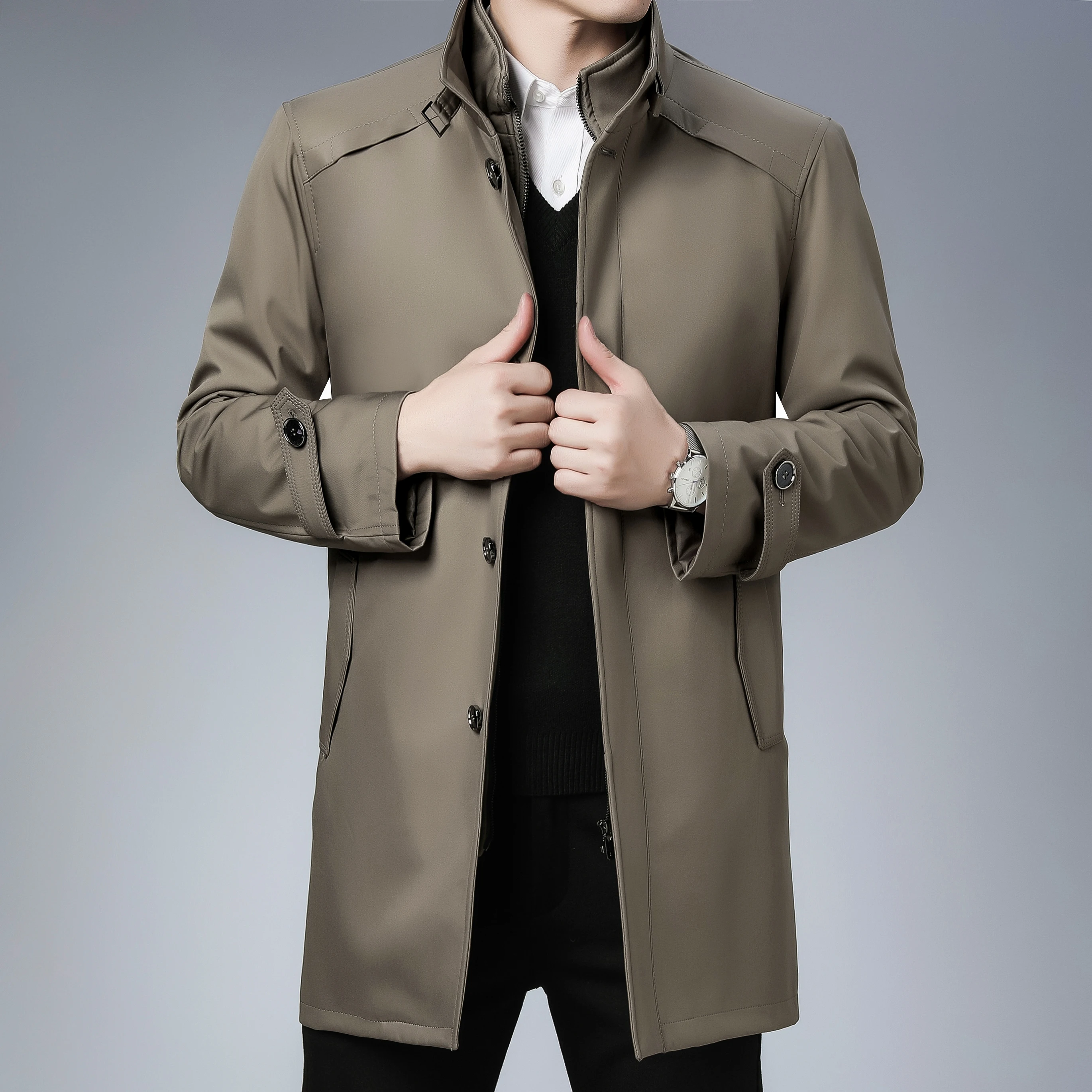 

Spring Men Black Oversized Long Trench Coats Business Casual Spring Men's Overcoat Solid Turn-down Collar Long Jacket Clothing