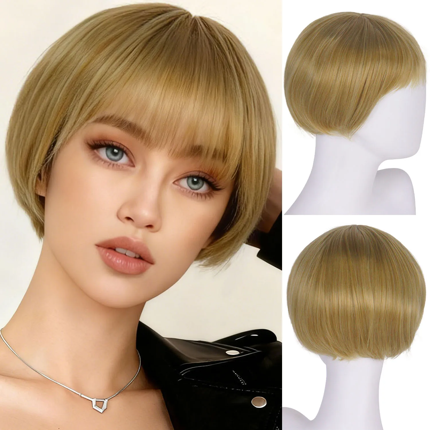 

10 Inch Synthetic Mom Hair Short Straight Bob Wig with Bangs Blonde Wigs Cosplay Daily Party Flapper Wig for Women with Wig Cap