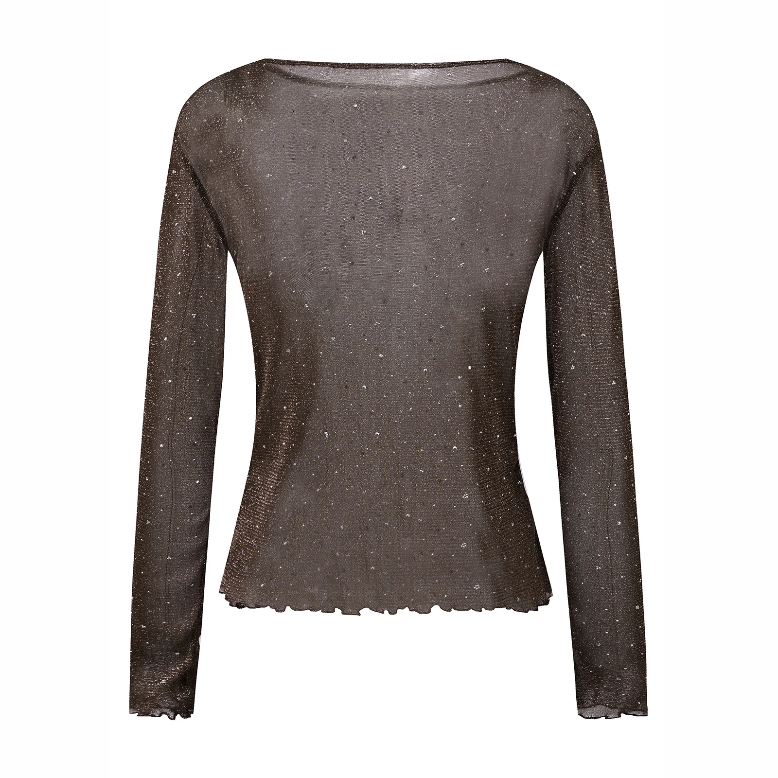 Women Rhinestone Sheer Tops Slim Bling See Through Long Sleeve Lettuce Trim Shirts for Daily Party Club