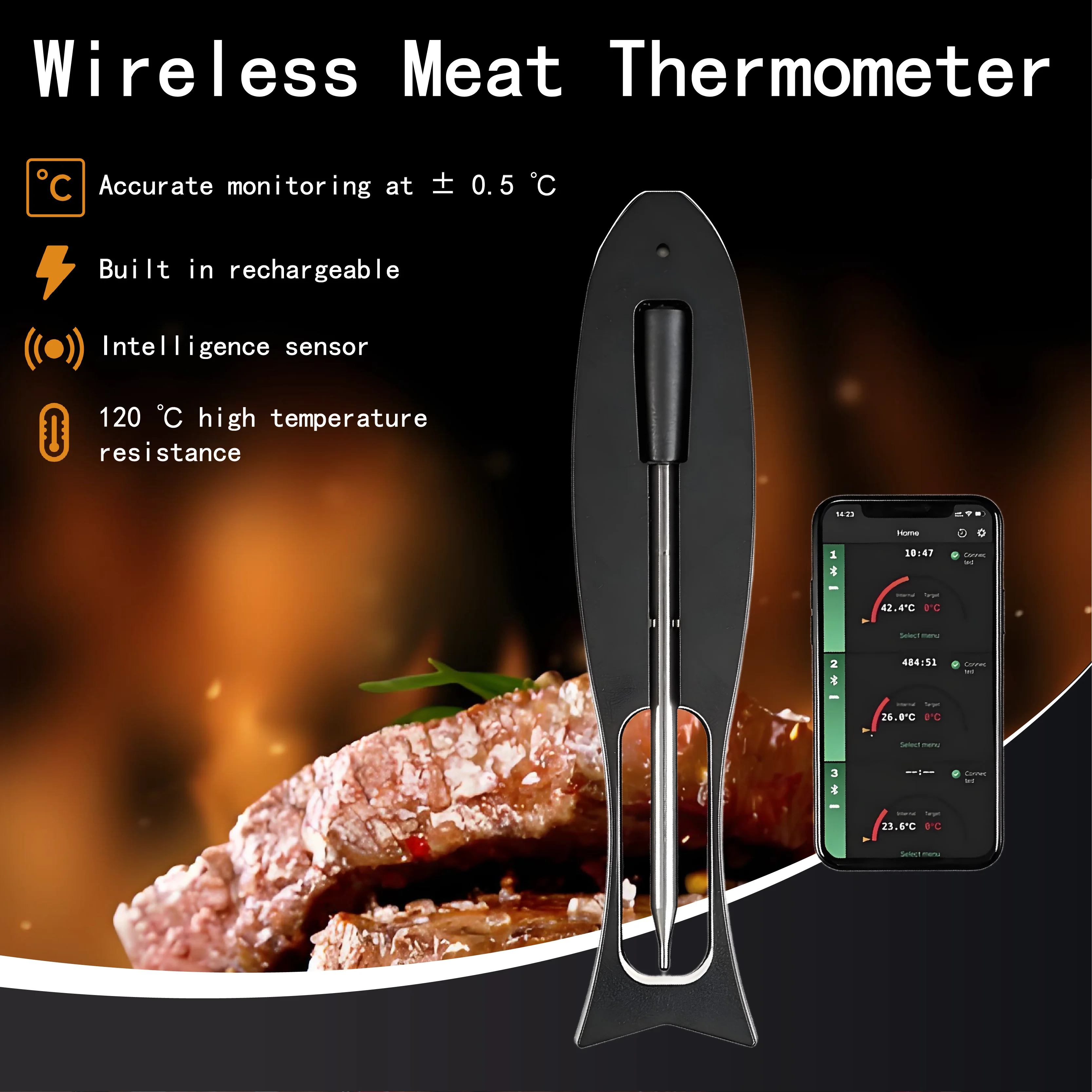 

Wireless Meat Thermometer – Temp Alerts & High Heat Detection, Fish Design for Steaks, BBQ, Chicken – Essential Kitchen Cooking