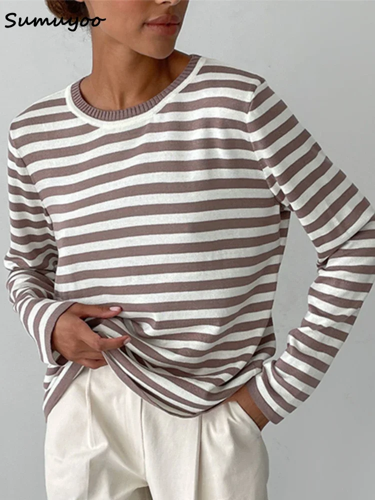 Sumuyoo Knitted Stripe Sweater Women 2022 Autumn Winter Loose Casual Thick Pullovers Female Warm Long-sleeved Round Neck Tops