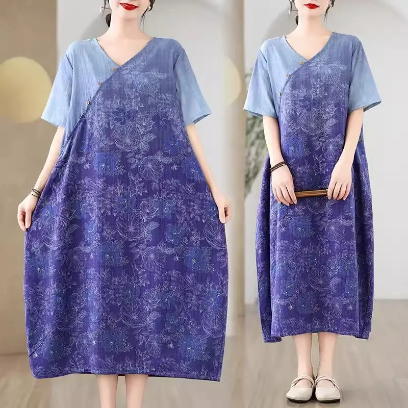 Retro Cotton And Linen Gradient V-Neck Dress 2024 Summer Large Size Loose Fit Cocoon Shaped Short Sleeve Printed Dress K1542