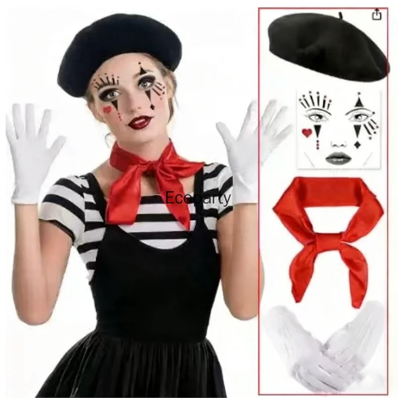 4Pcs 6pcs Set Mime Actor Costumes Accessory Set Black Beret Gloves Scarf Suit Halloween Carnival Party Clown Cosplay Dress Up