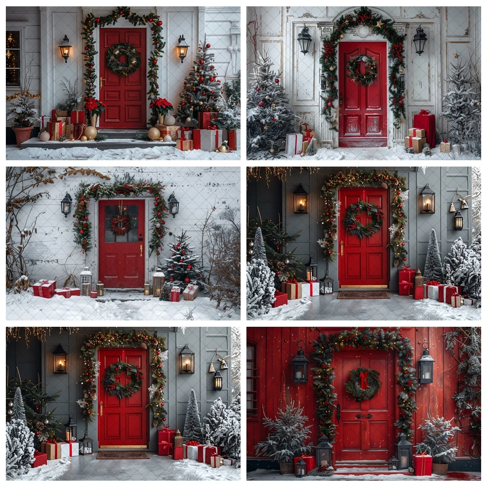 

Christmas Backdrop Red Wooden Door Plant Wreath Snowfield Family Portrait Photography Background Photo Studio Photocall Props