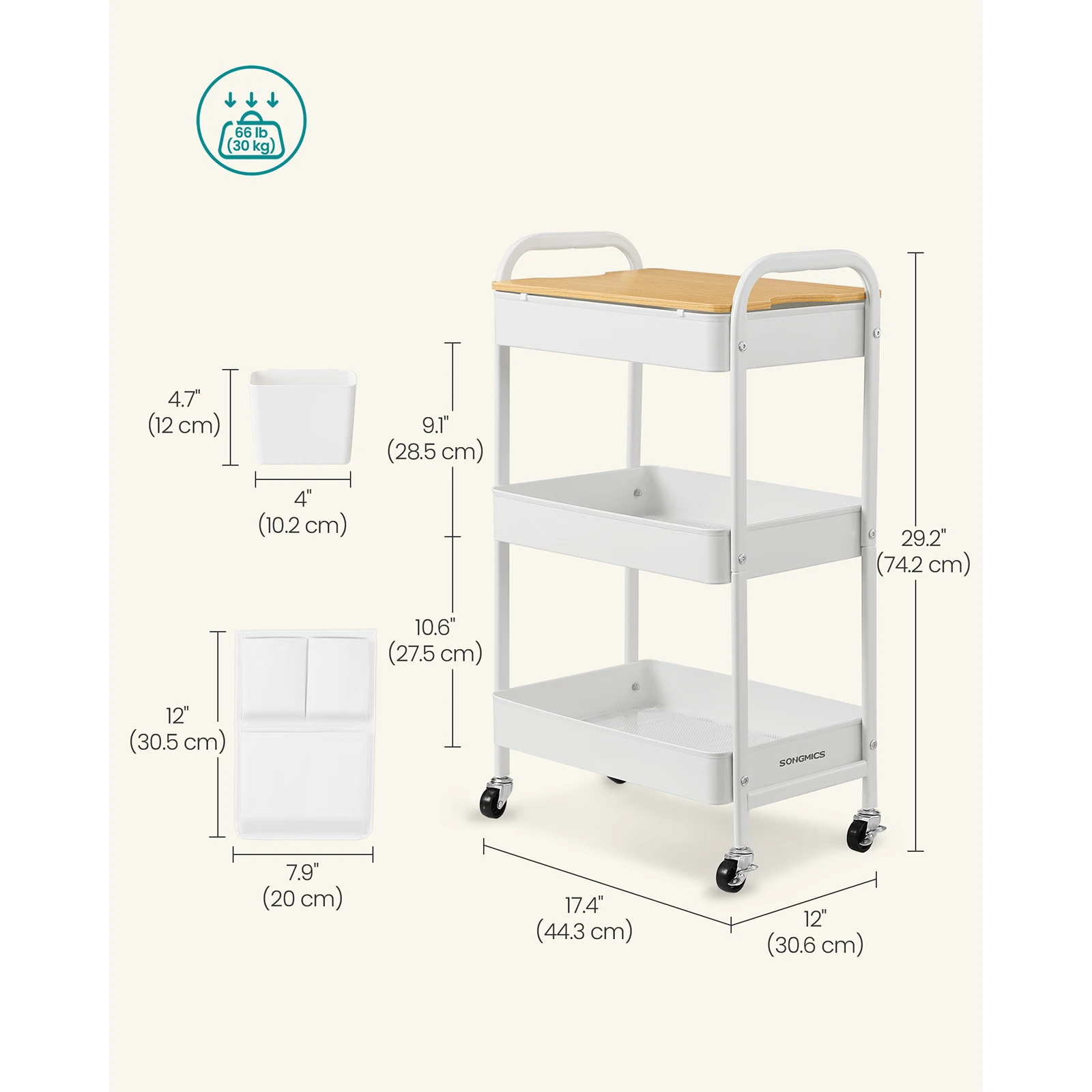 SONGMICS 3-Tier Storage Trolley, Rolling Cart with Table Top, 2 Removable Hanging Cups, 6 Side Pockets, Utility Cart for Room