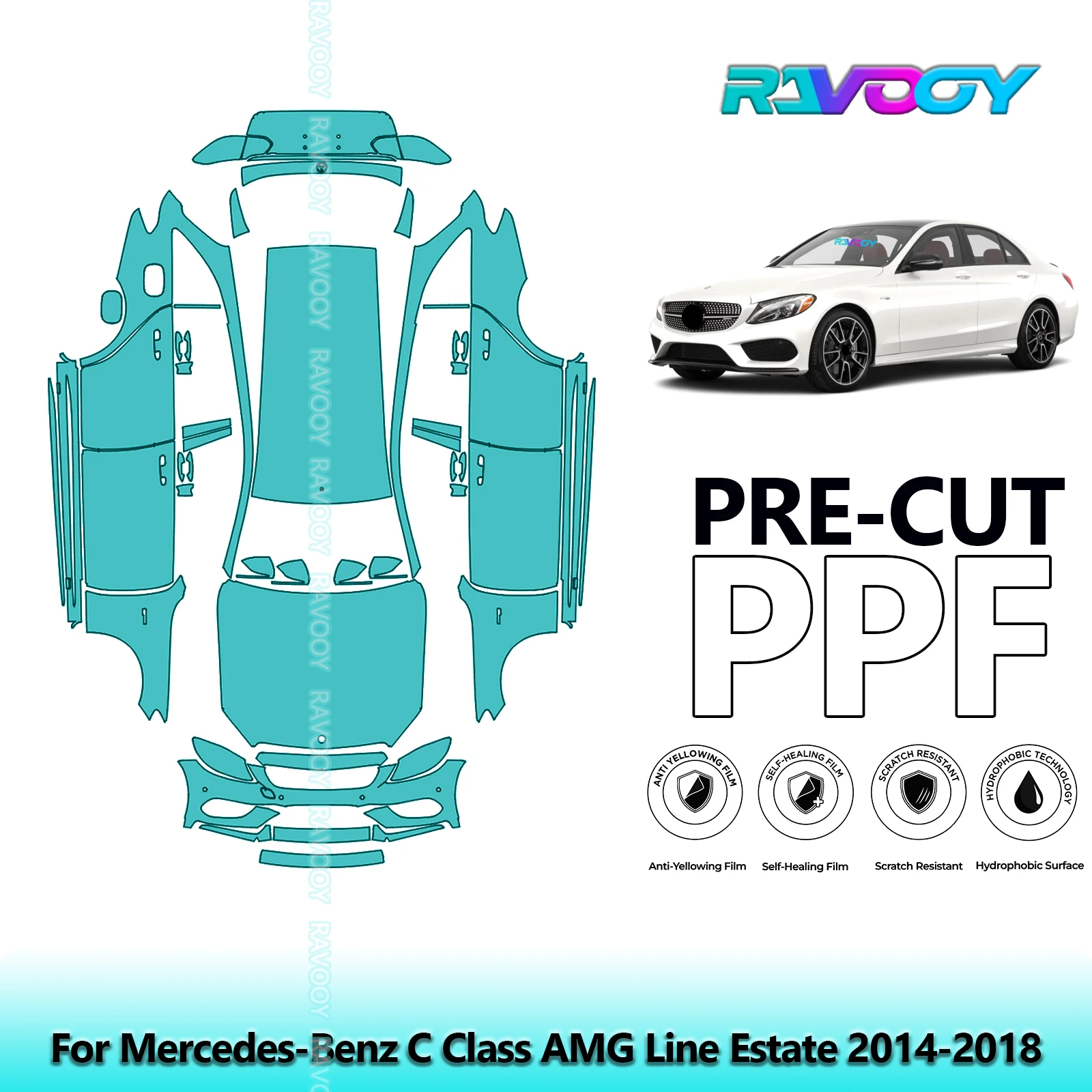 RAVOOY Custom-Fit Precut TPU PPF Full Vehicle Clear Bra Stone Guard EU UK For Mercedes-Benz C Class AMG Line Estate 2014-2018