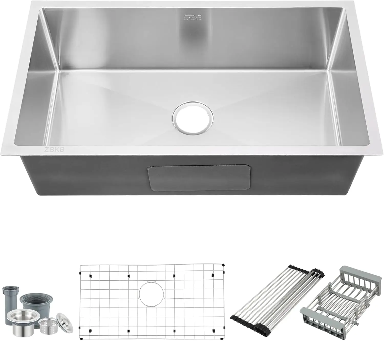 

30 Inch Undermount Kitchen Sink, 16 Gauge Stainless Steel Single Bowl, 10 Inch Deep with Dish Grid, Roll Drainer, Basket Straine