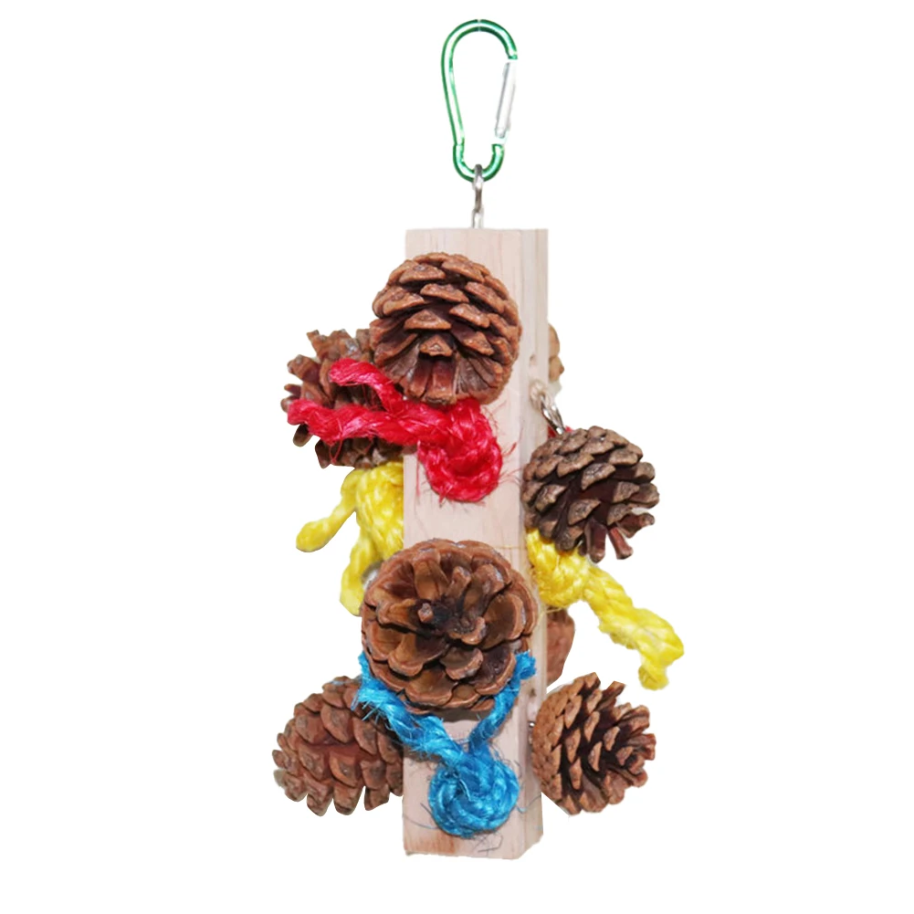 Bird Chew Toys Natural Wooden Blocks Pinecone String Biting Toy Bird Cage Hanging Colorful Sisal Twine Toy For Parrot Cockatiel