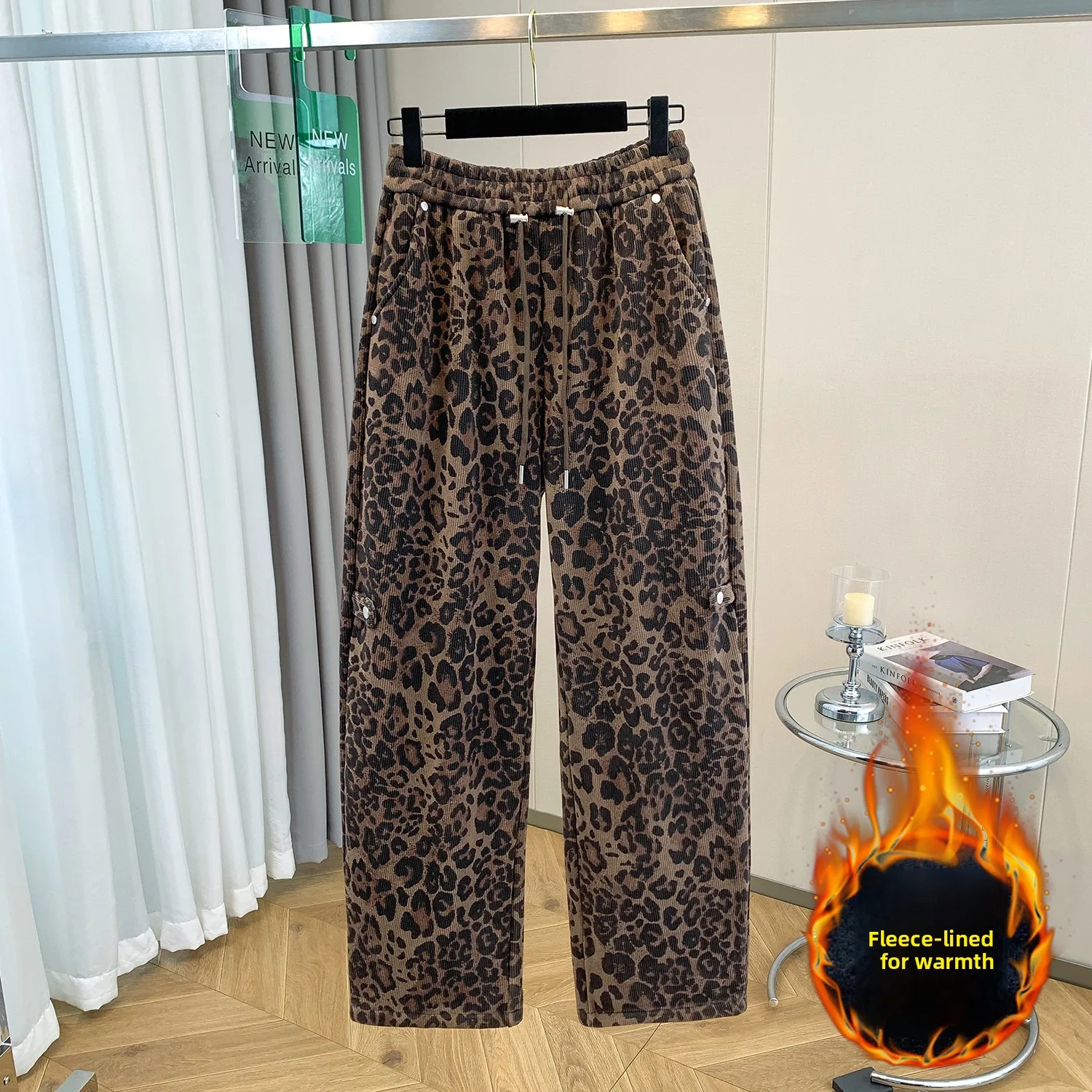 حجم كبير المرأة الرياضية بنطال ذو قصة أرجل واسعة عالية الخصر ثنى Thiened Fce الخريف الشتاء الموز السراويل Sweatpants