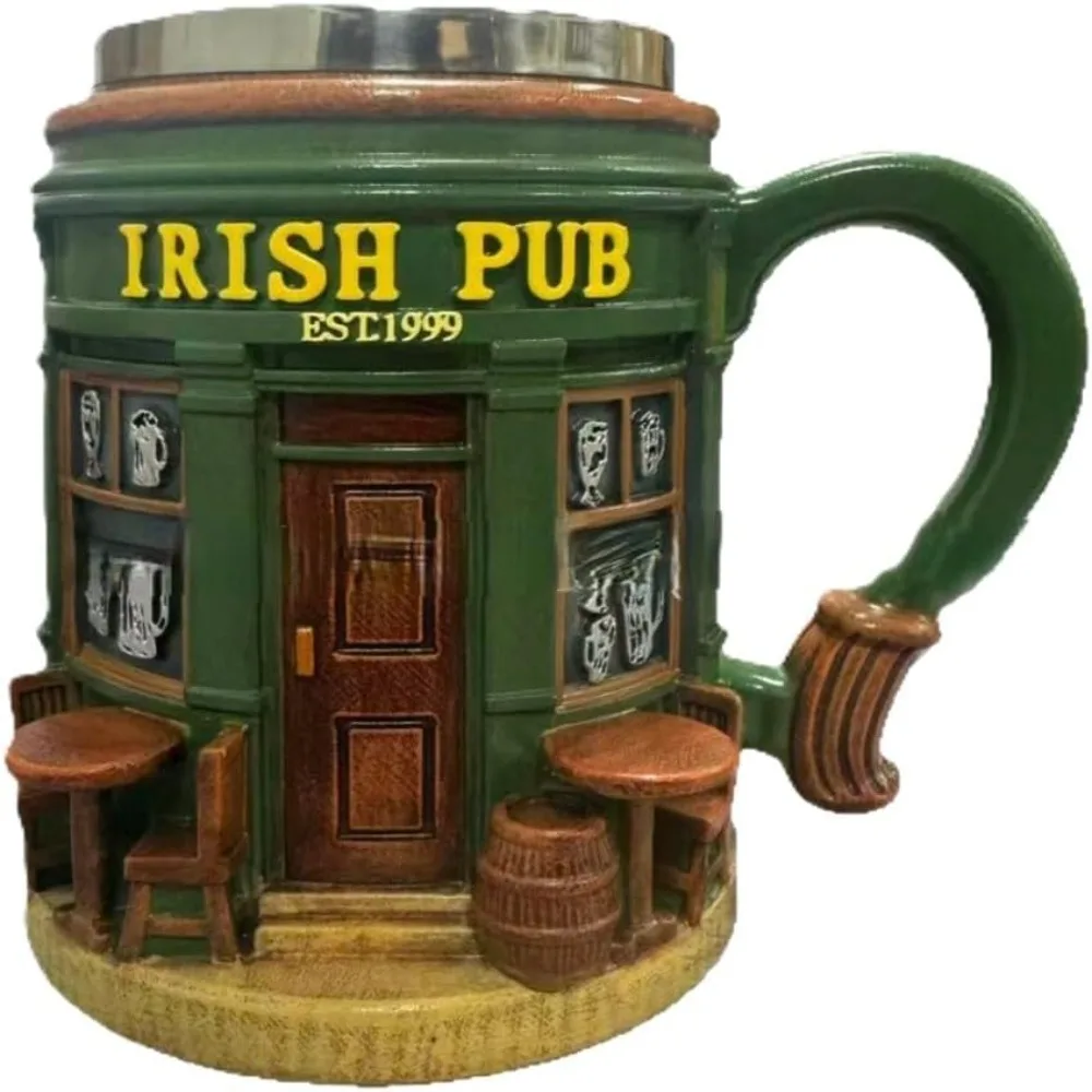 

with Handle Irish Pub 3D Novelty Coffee Mug Comfortable Ergonomic Handle Green Traditional Pub Design Ceramic Coffee Mug Durable