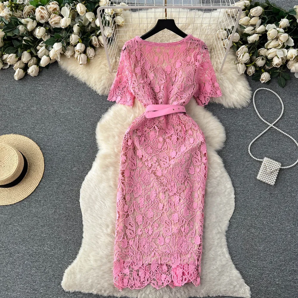 Doce manga curta gola quadrada botões dourados vestido de renda rosa feminino robe femme oco para fora bolso cinto sexy bodycon vestido de verão