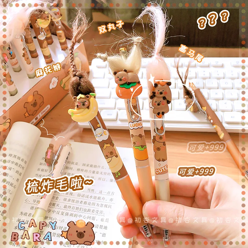 Imagem -04 - Capybara Long Hair Gel Pen Canetas de Assinatura Criativa para Escrever Escritório e Material Escolar Tinta Preta Bonito 0.5 mm 30pc Lote