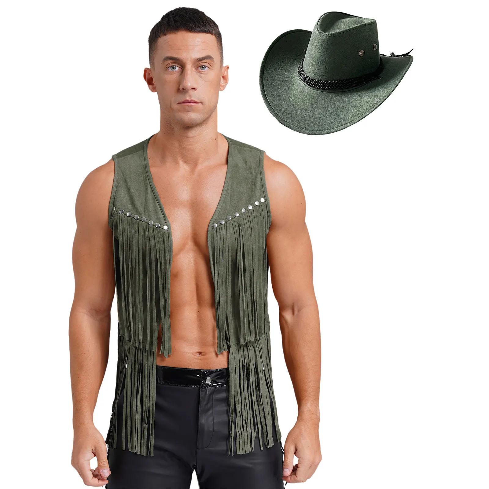 

Men Western Cowboy Tassel Vintage Cardigan Tassel Rivets Open Front Waistcoat And Drawstring Hat for Halloween Party Carnivals