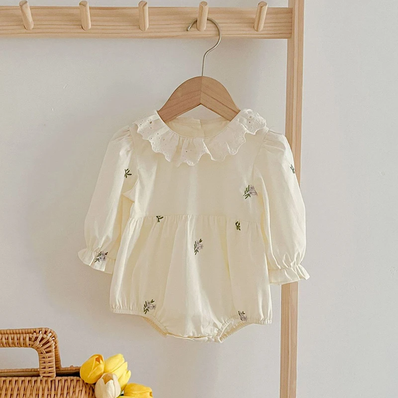 Autumn Baby Girl Clothes Spring Infant Bodysuit Lace Collar Puff Sleeve Princess One Piece Embroidered Flowers Clothing Outfits