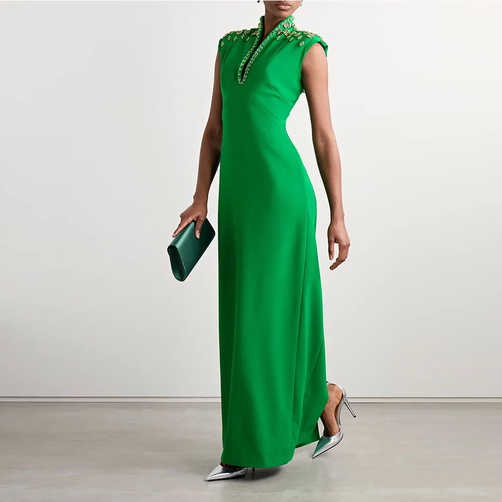 

Modern Women's Evening Gown Sheath Ankel Length Formal Wedding Party Dress V Neck Beading Saudi Dress Sleeveless Prom Dress