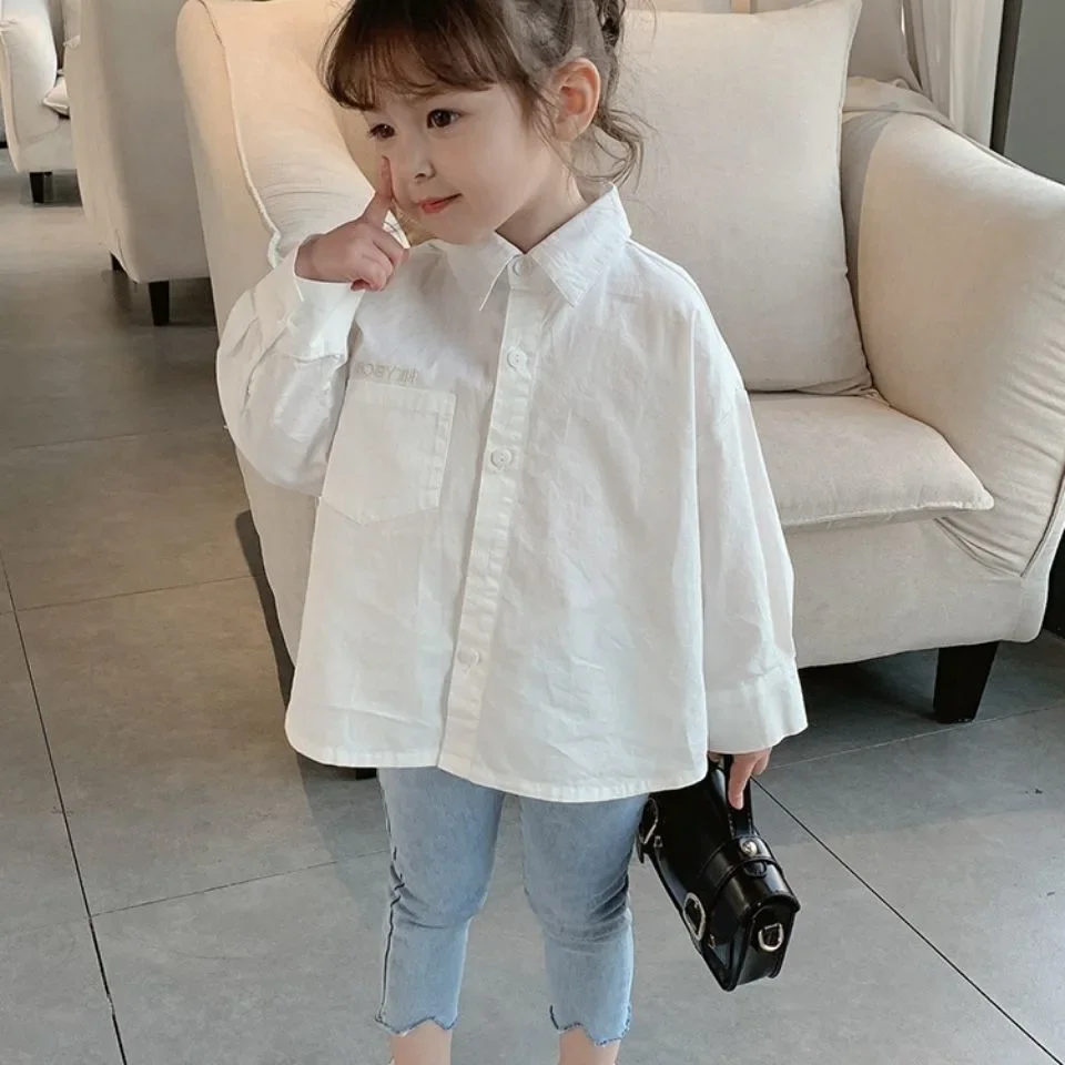 2025 Spring and Autumn Girls' Long Sleeve Shirt Baby Children's Personality Korean Irregular Trendy White Shirt