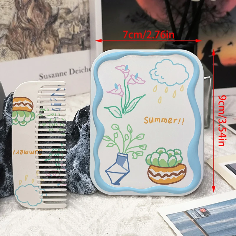 Cute Cartoon Botany Folding Clamshell Mirror Makeup Mirror With Comb Portable Creative For Women Girls Handheld Mirror ﻿