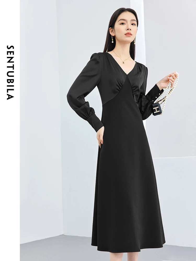 SENTUBILA Black Spliced V-neck Midi Dress Woman 2024 Elegant Solid Pullover Long Sleeve Spring Dresses Female Clothes 141L52952