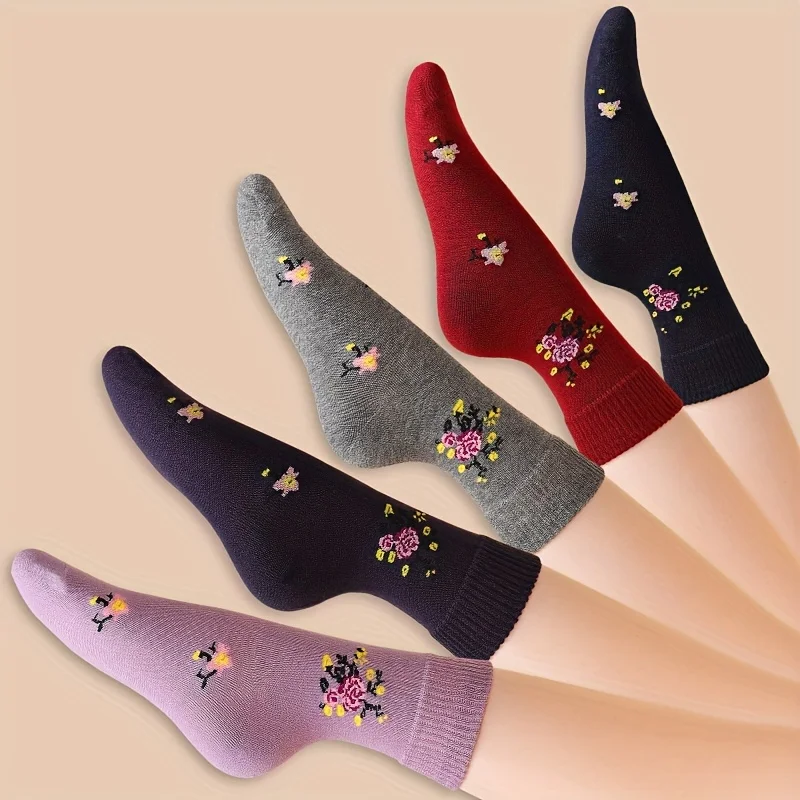 5 Pairs Autumn Winter Warm Sweat-Absorbing Versatile Floral Print Mid-Calf Socks